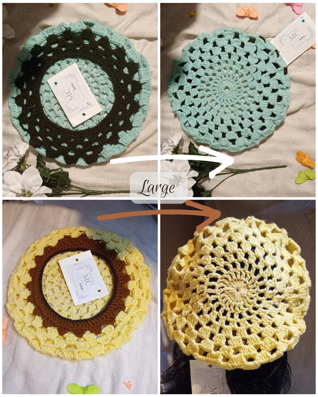 Light Green and Army Green Crochet Beret | Yellow and Brown Crochet Beret.