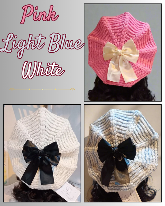 Pink, White & Light Blue - Crochet Beret