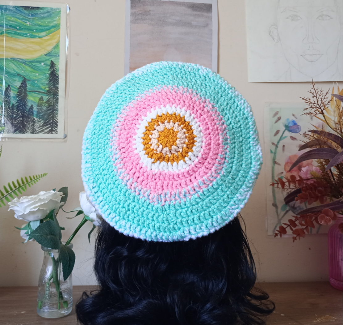 White, Aqua blue multicoloured Crochet Beret