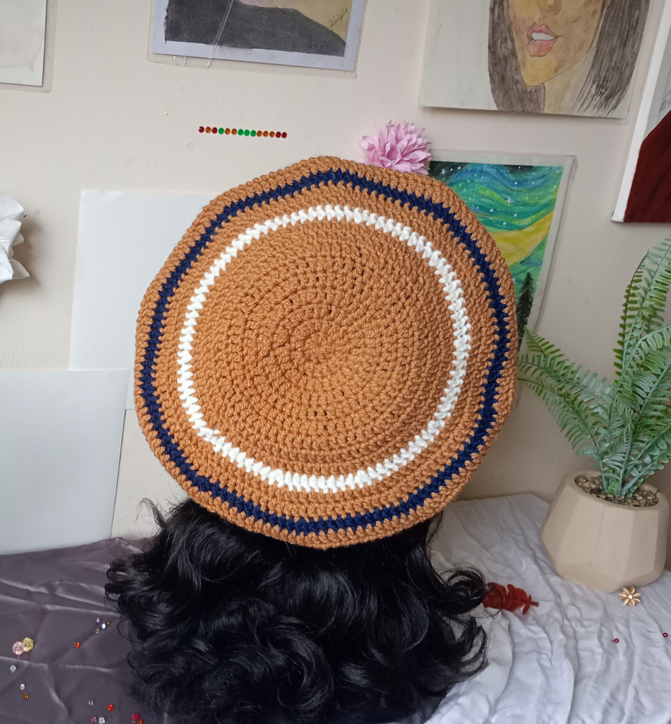 Brown, ivory and Navy Crochet Beret.