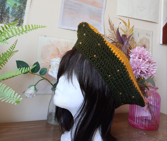 Army Green and Gold Crochet Beret