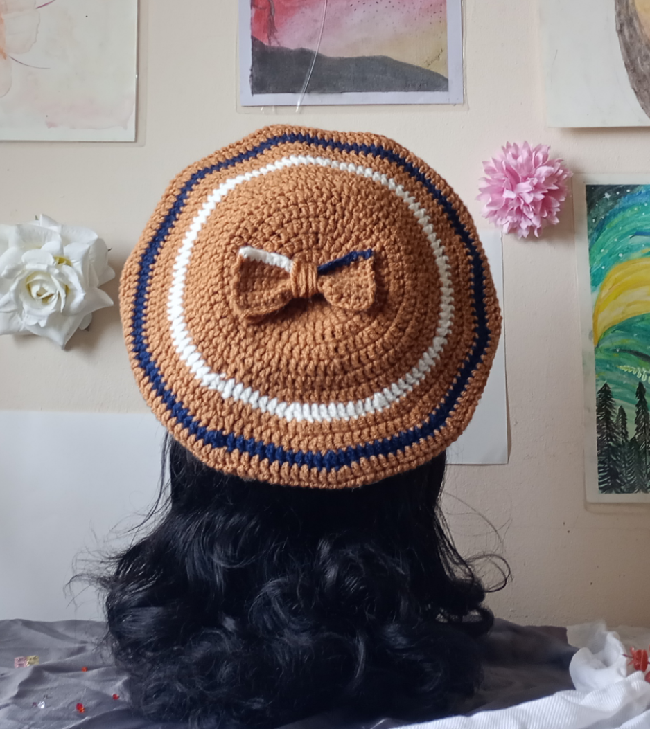 Brown, ivory and Navy Crochet Beret.