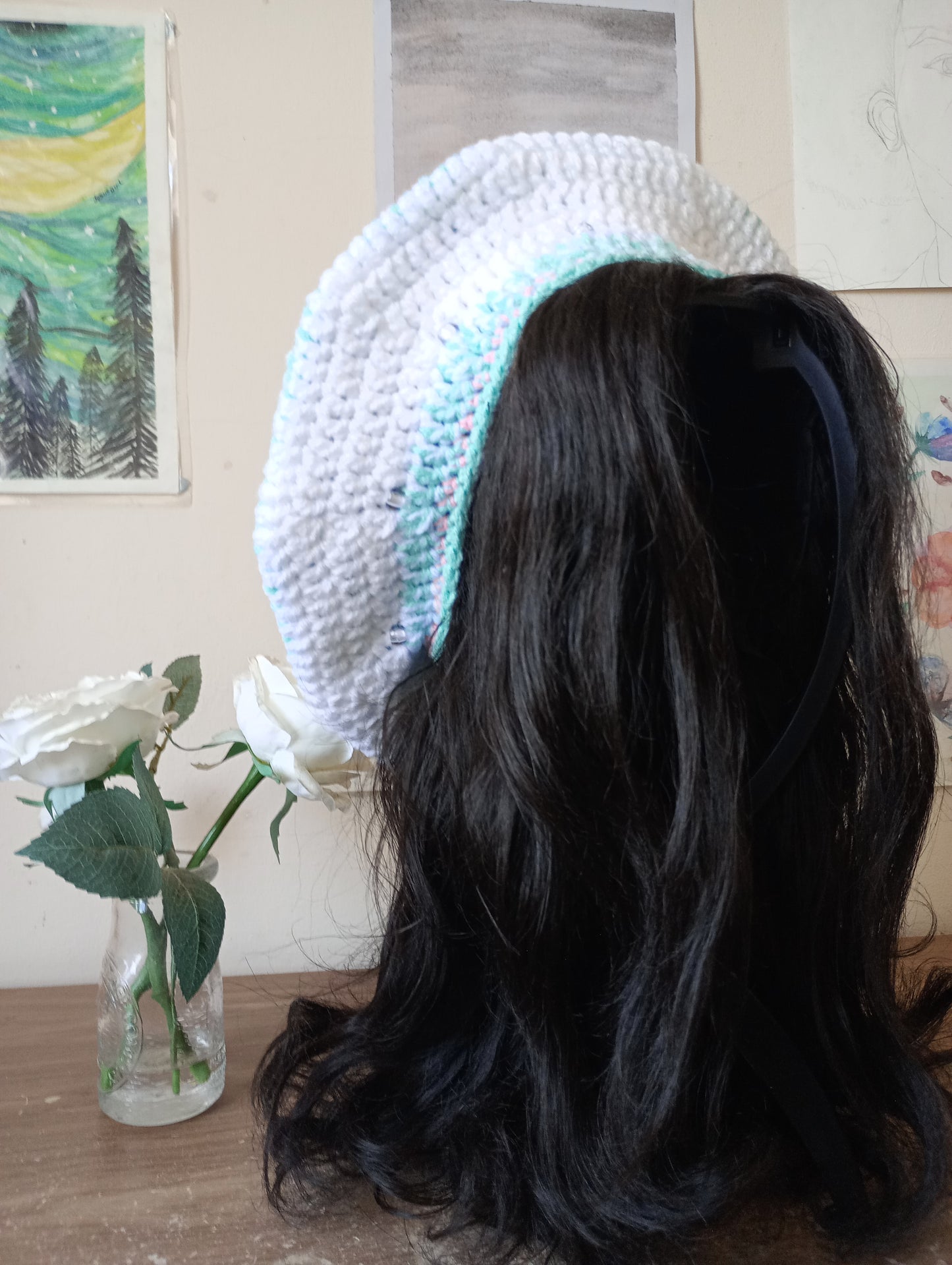 White, Aqua blue multicoloured Crochet Beret