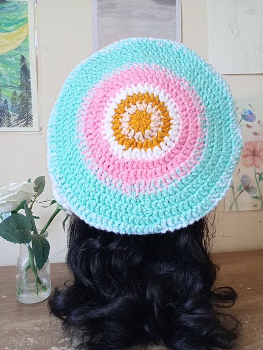 White, Aqua blue multicoloured Crochet Beret