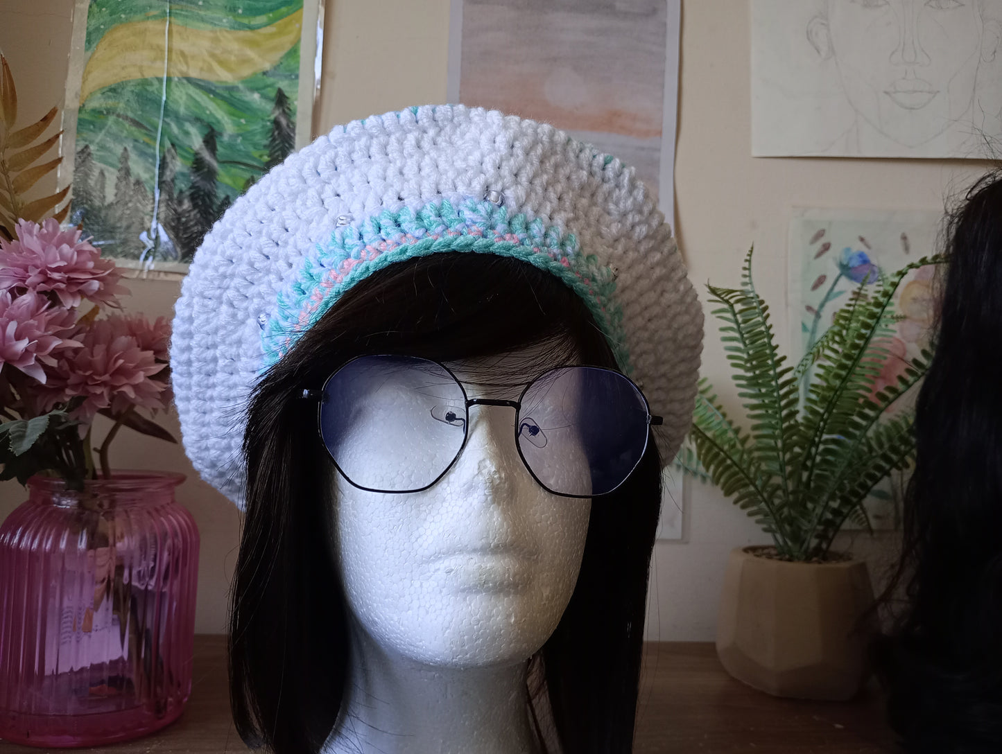 White, Aqua blue multicoloured Crochet Beret