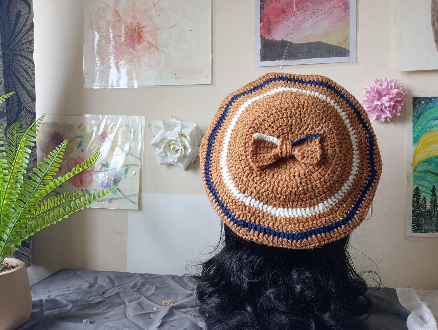 Brown, ivory and Navy Crochet Beret.