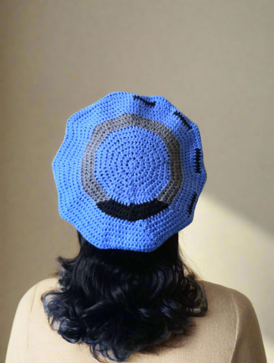 Blue, Black and Grey Crochet Beret
