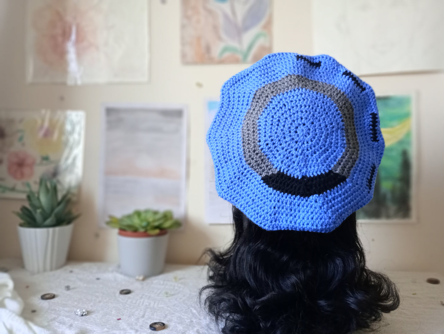 Blue, Black and Grey Crochet Beret