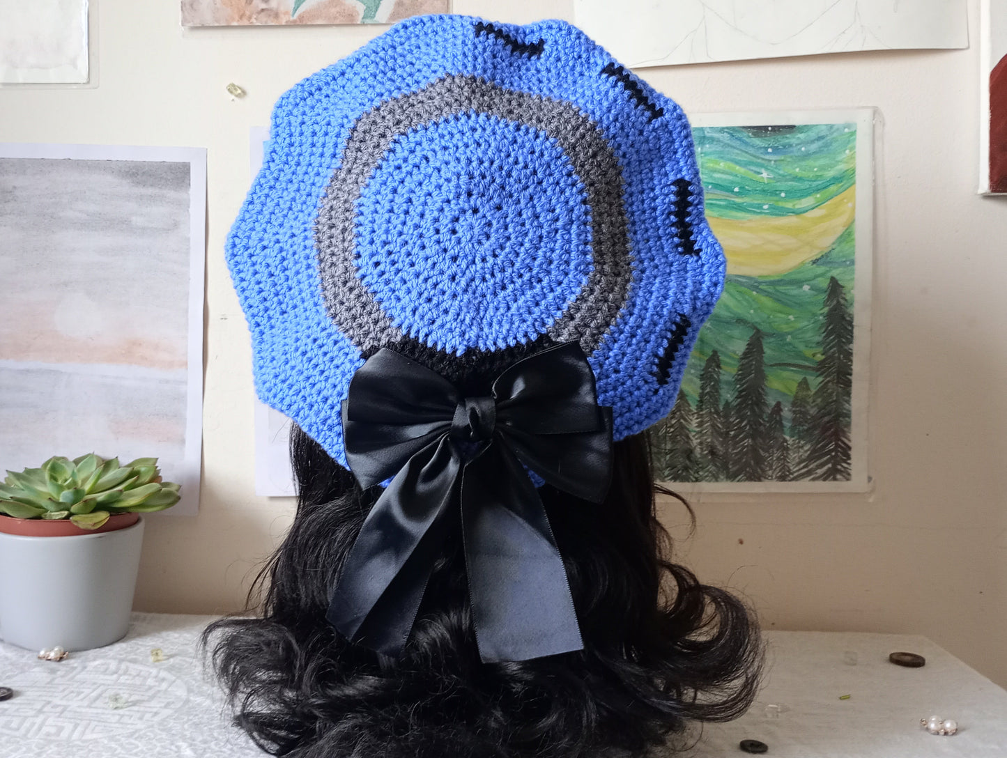 Blue, Black and Grey Crochet Beret