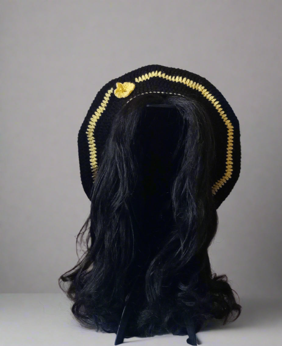 Black and Yellow Crochet Beret.