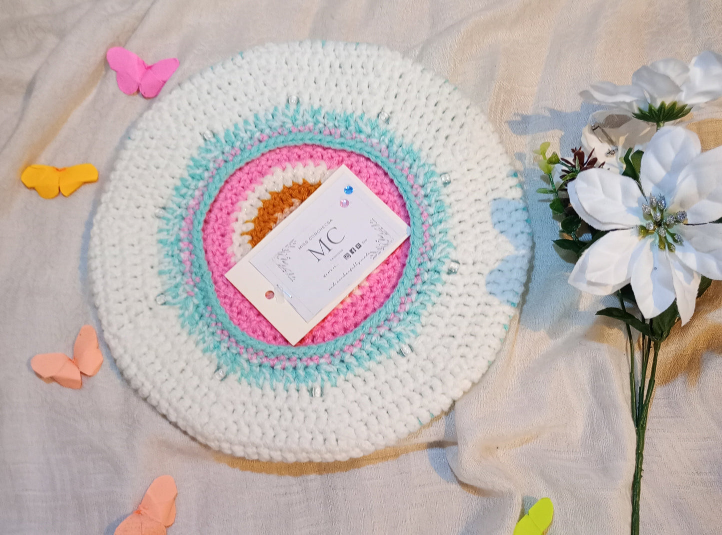 White, Aqua blue multicoloured Crochet Beret