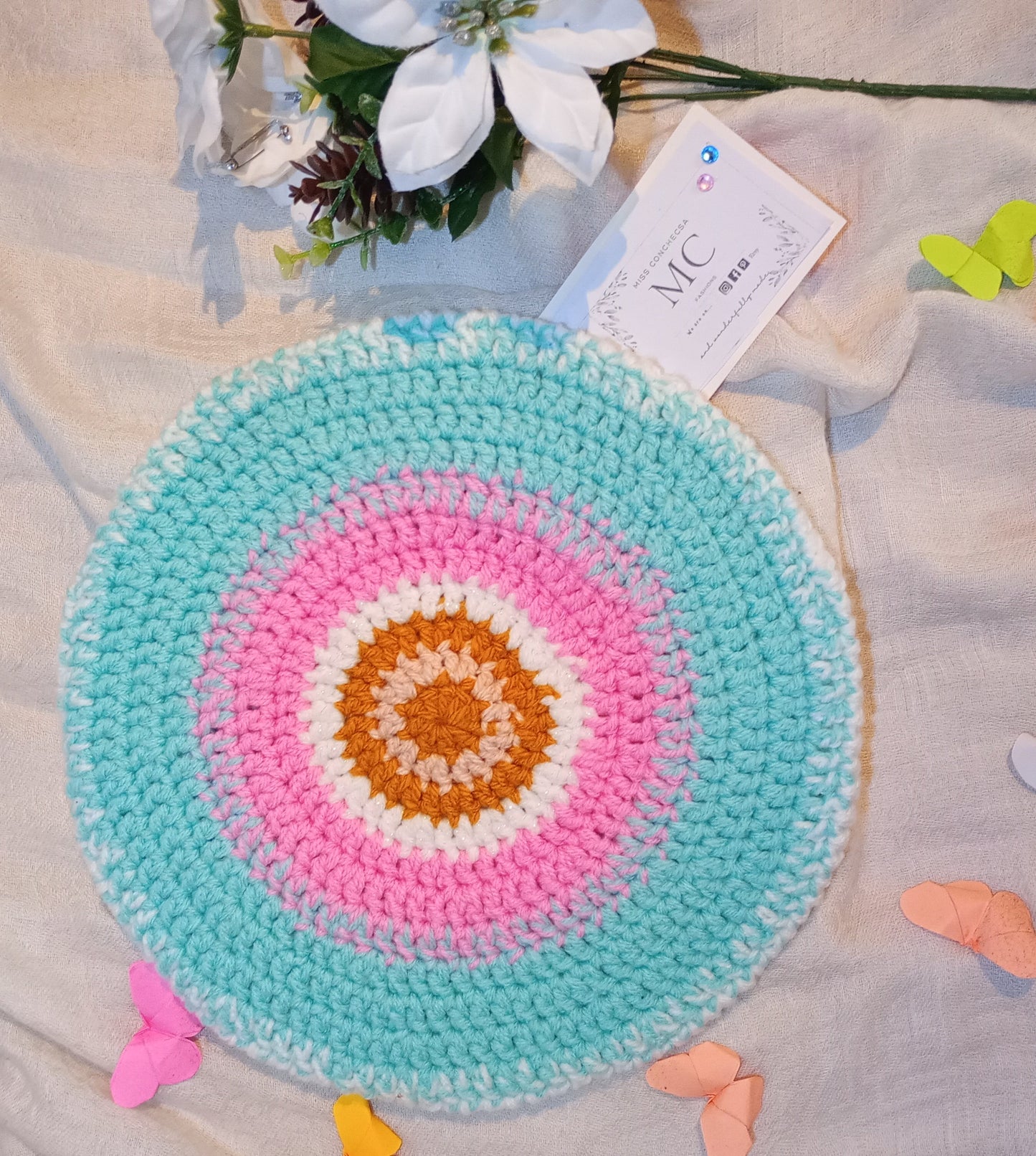 White, Aqua blue multicoloured Crochet Beret