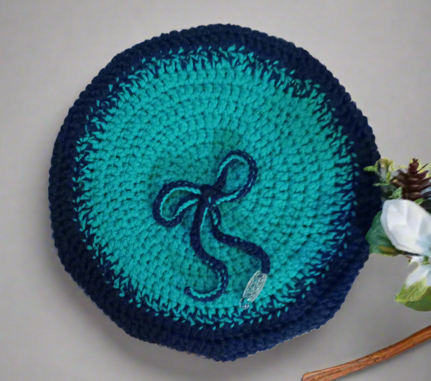 Navy Blue and Green Crochet Beret