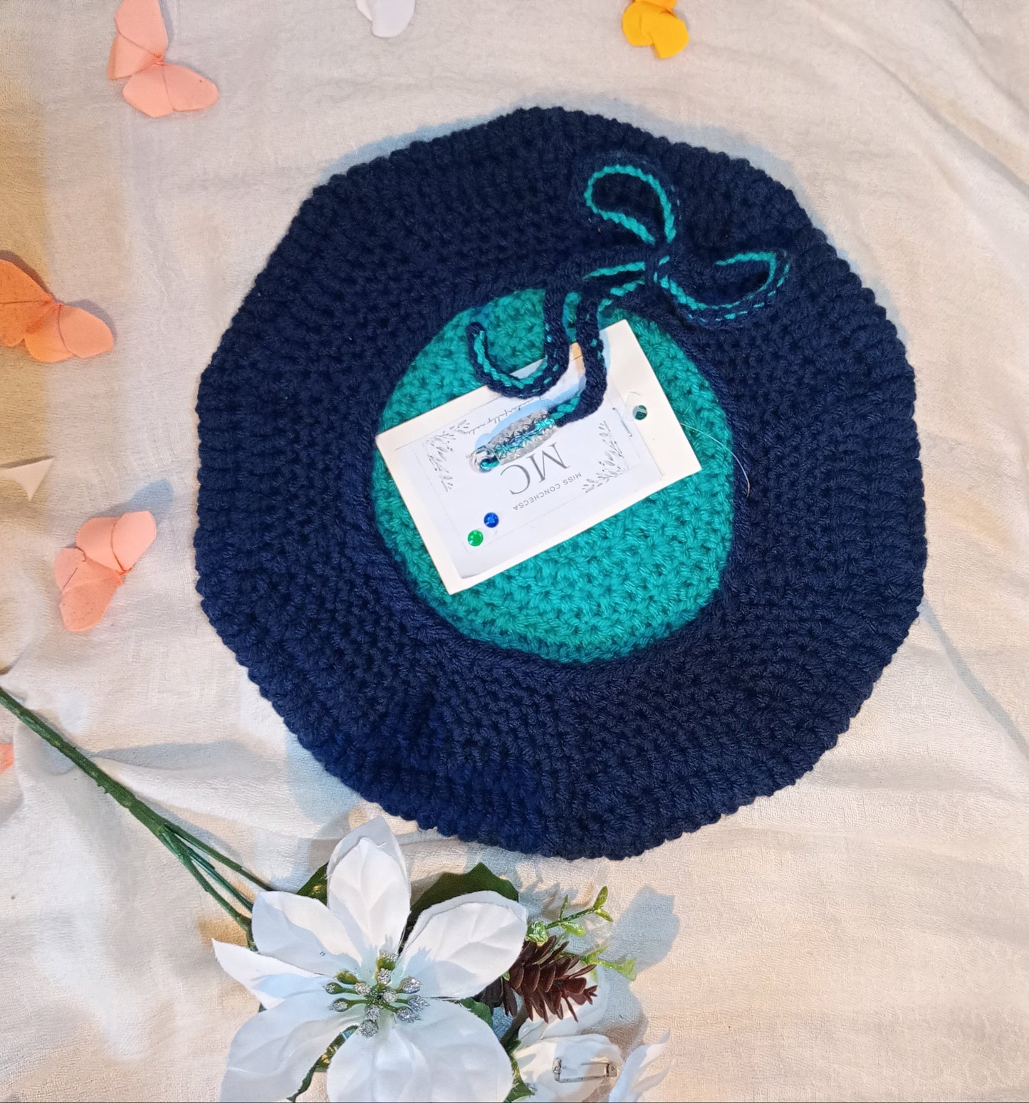 Navy Blue and Green Crochet Beret
