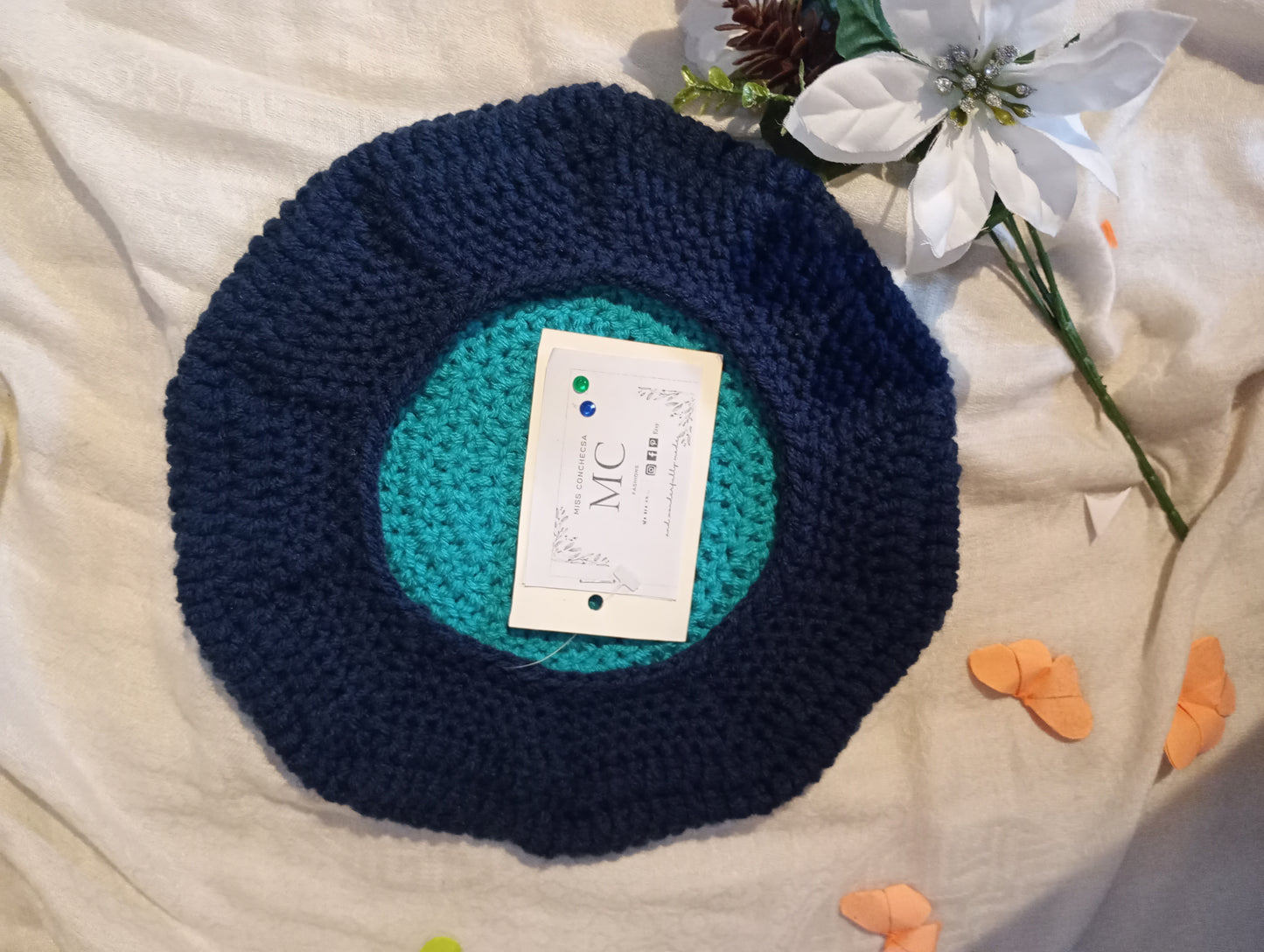 Navy Blue and Green Crochet Beret