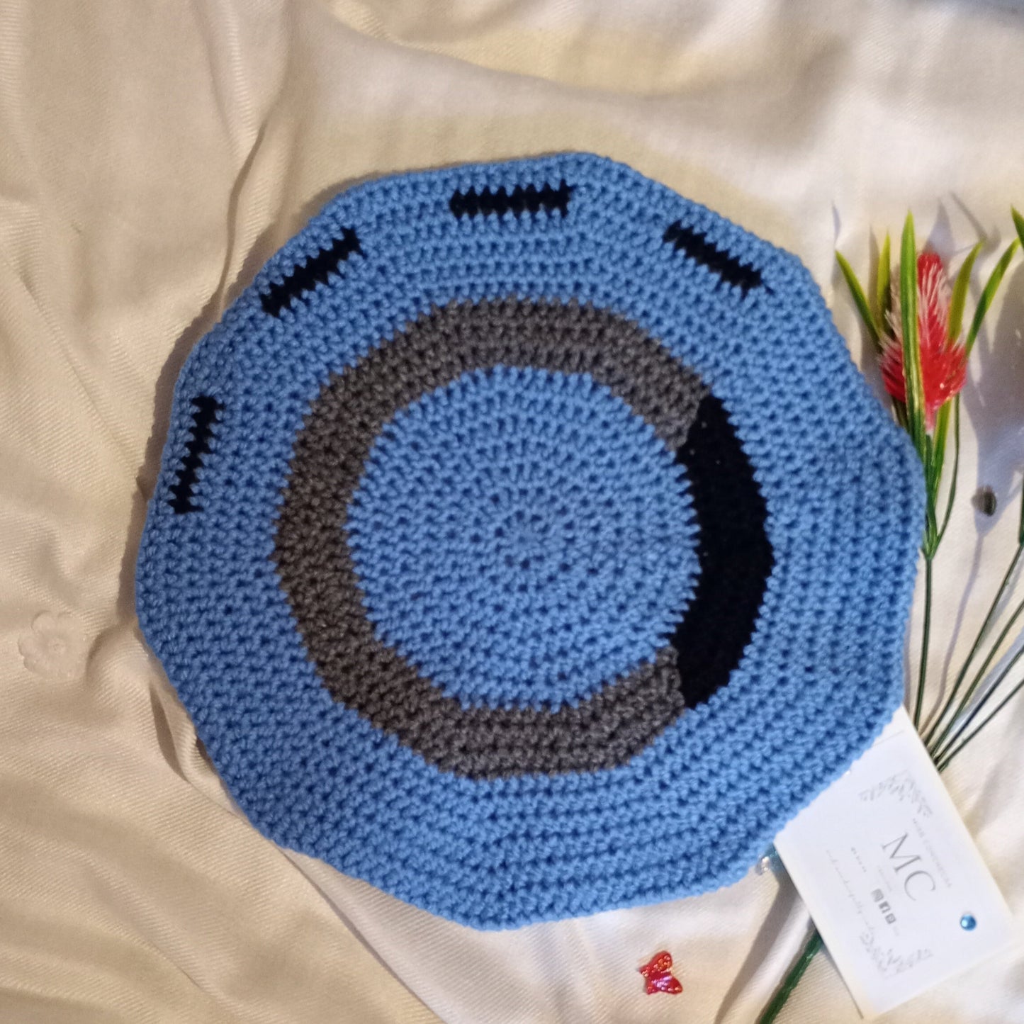 Blue, Black and Grey Crochet Beret