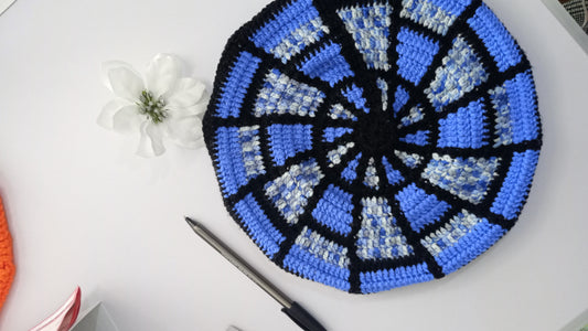 Blue and Black Tapestry Crochet Beret.