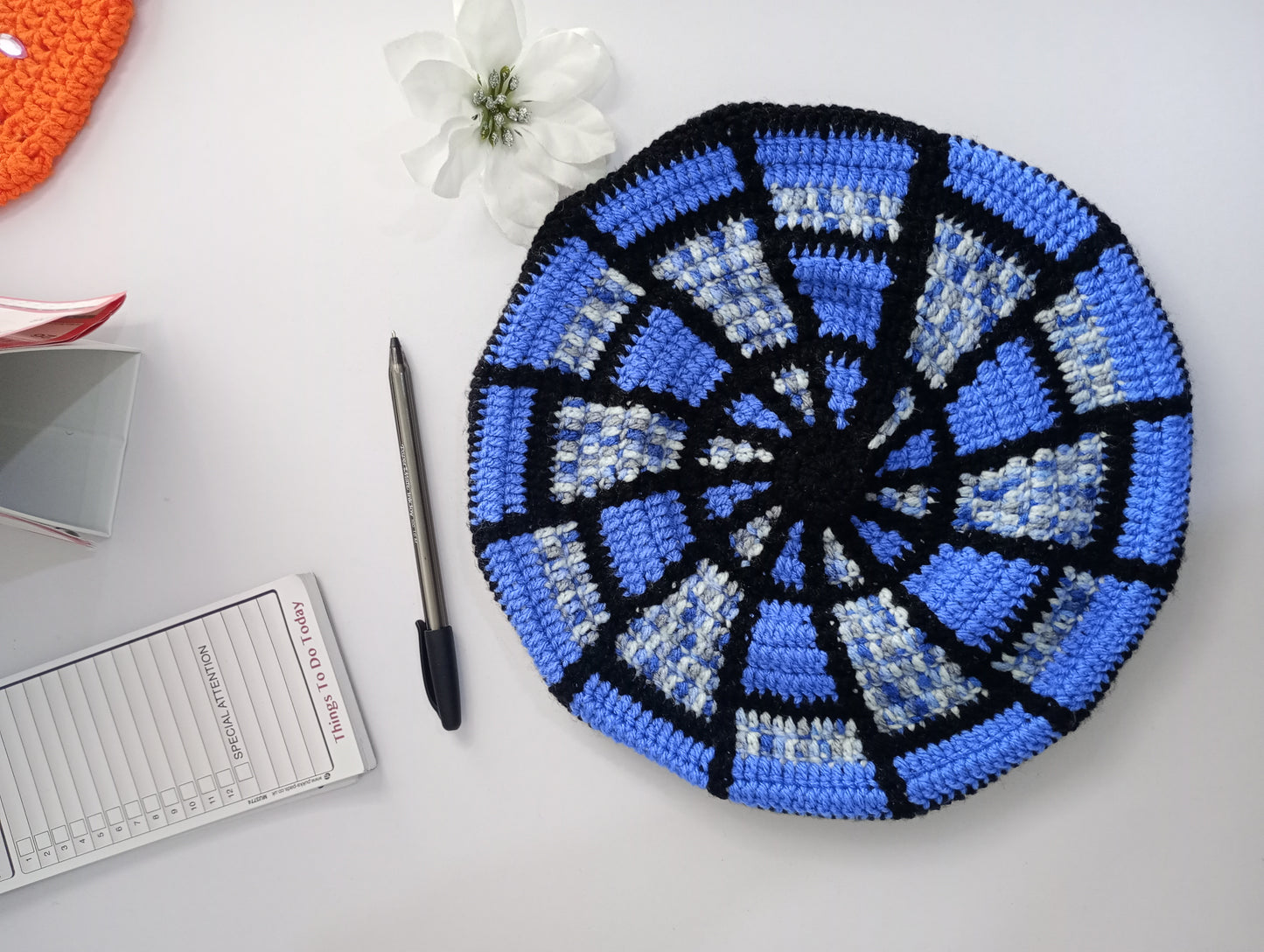 Blue and Black Tapestry Crochet Beret.