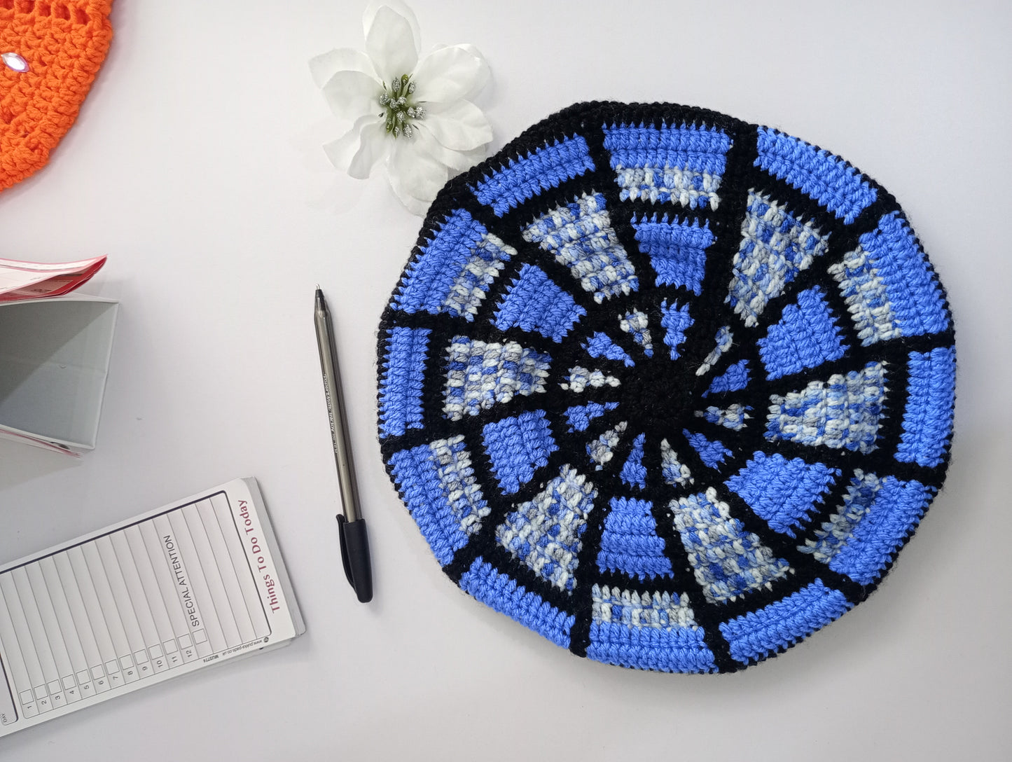 Blue and Black Tapestry Crochet Beret.