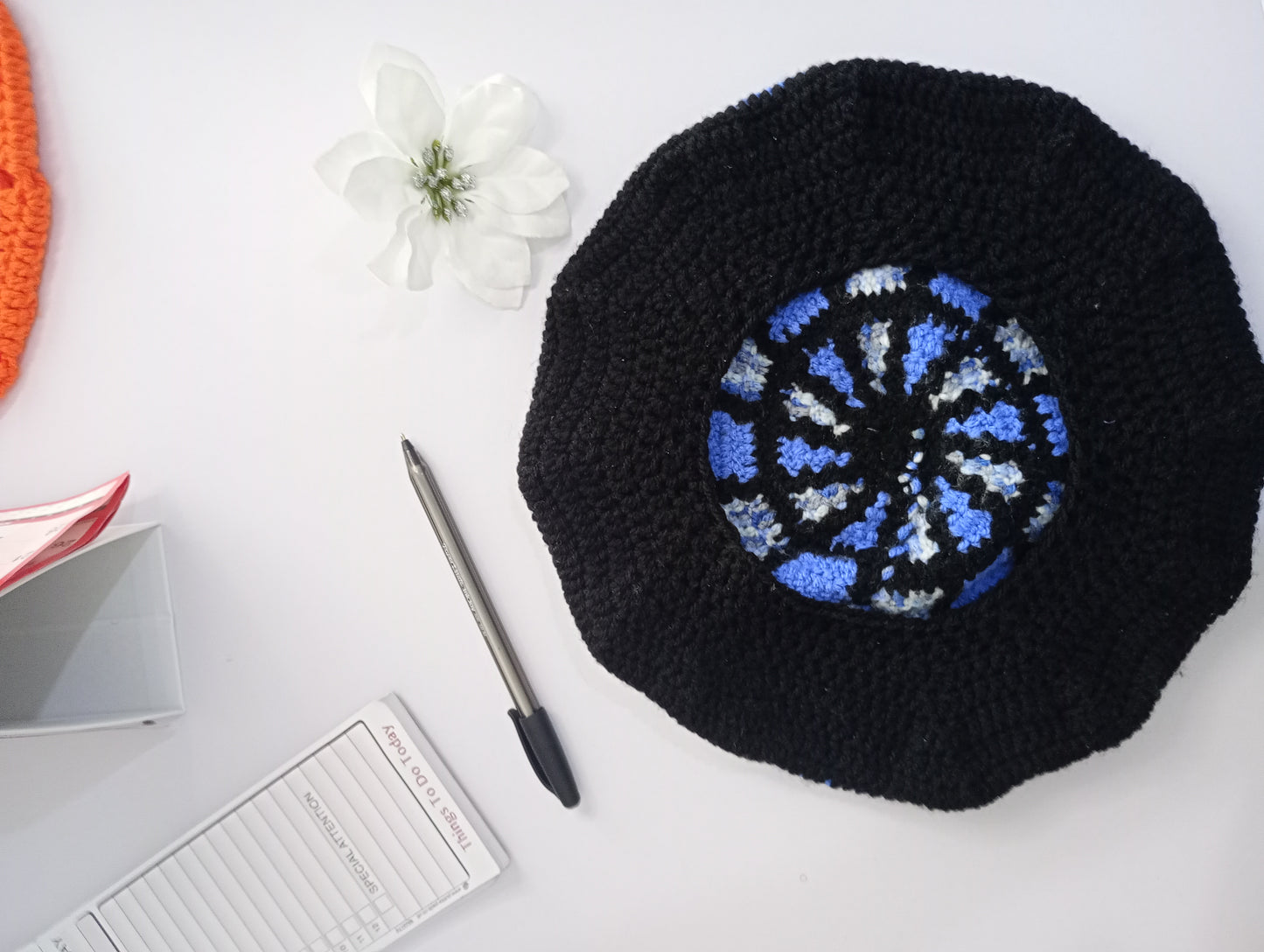 Blue and Black Tapestry Crochet Beret.