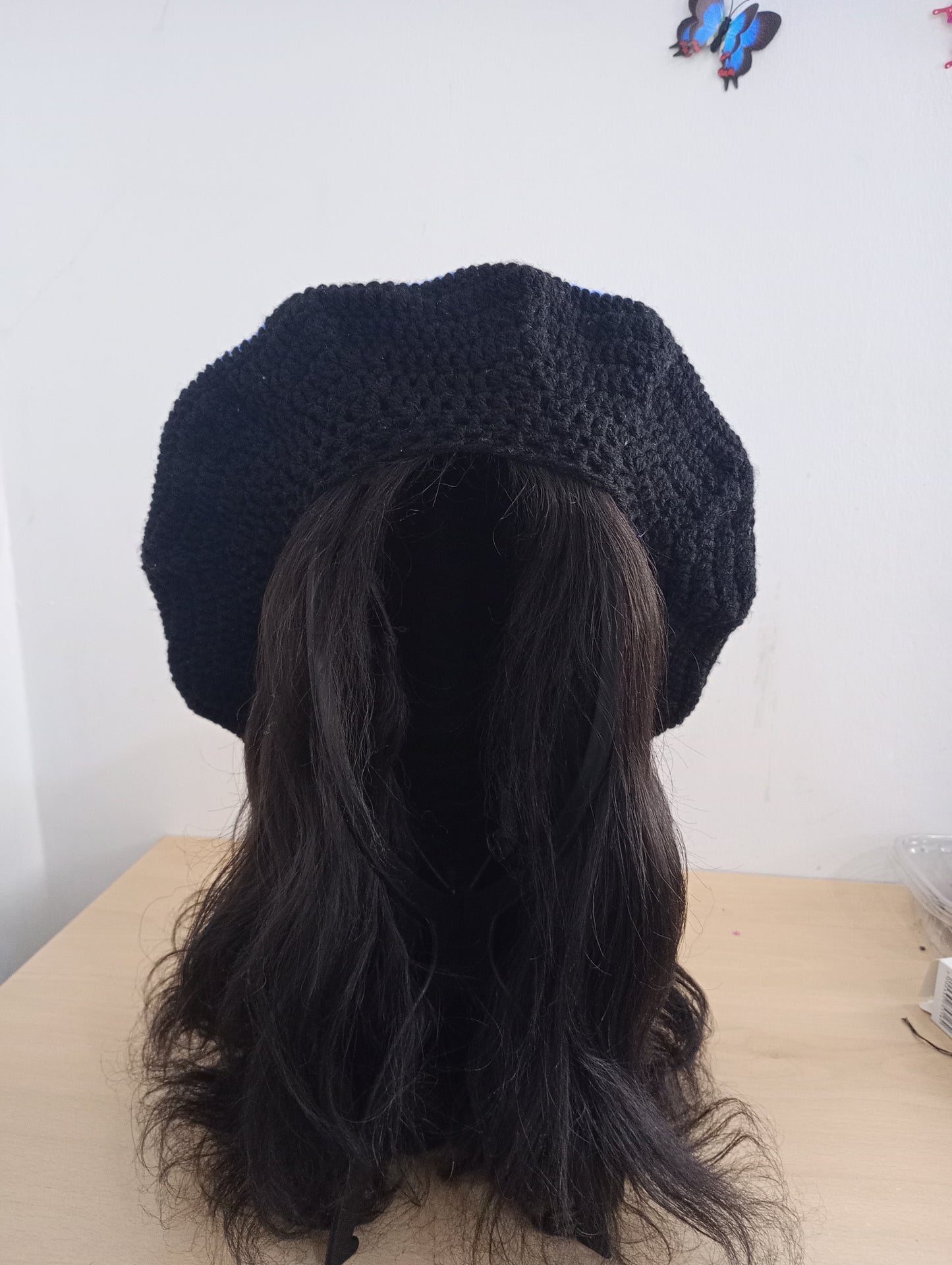 Blue and Black Tapestry Crochet Beret.