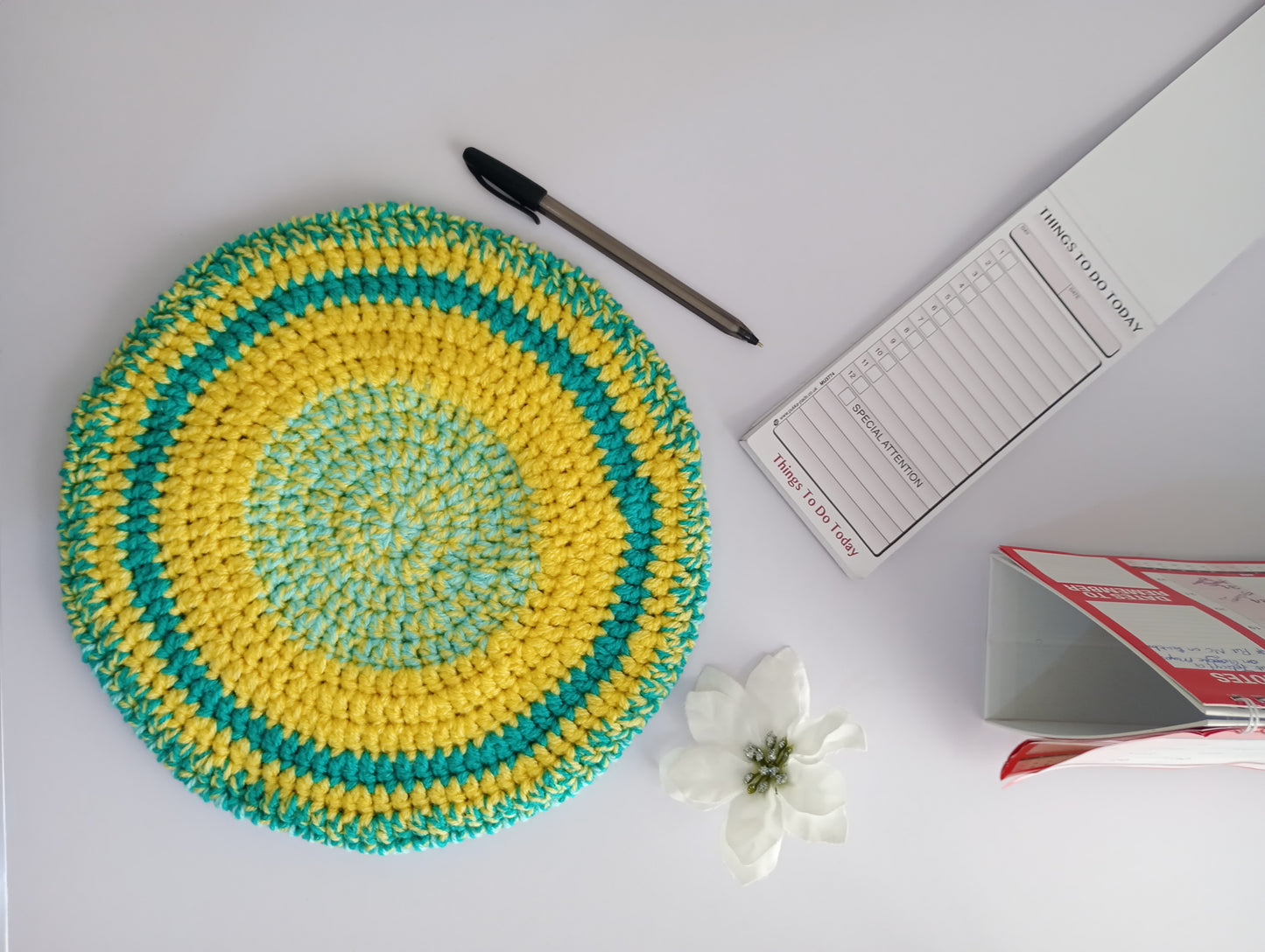 Yellow and Mint Green Crochet Beret.