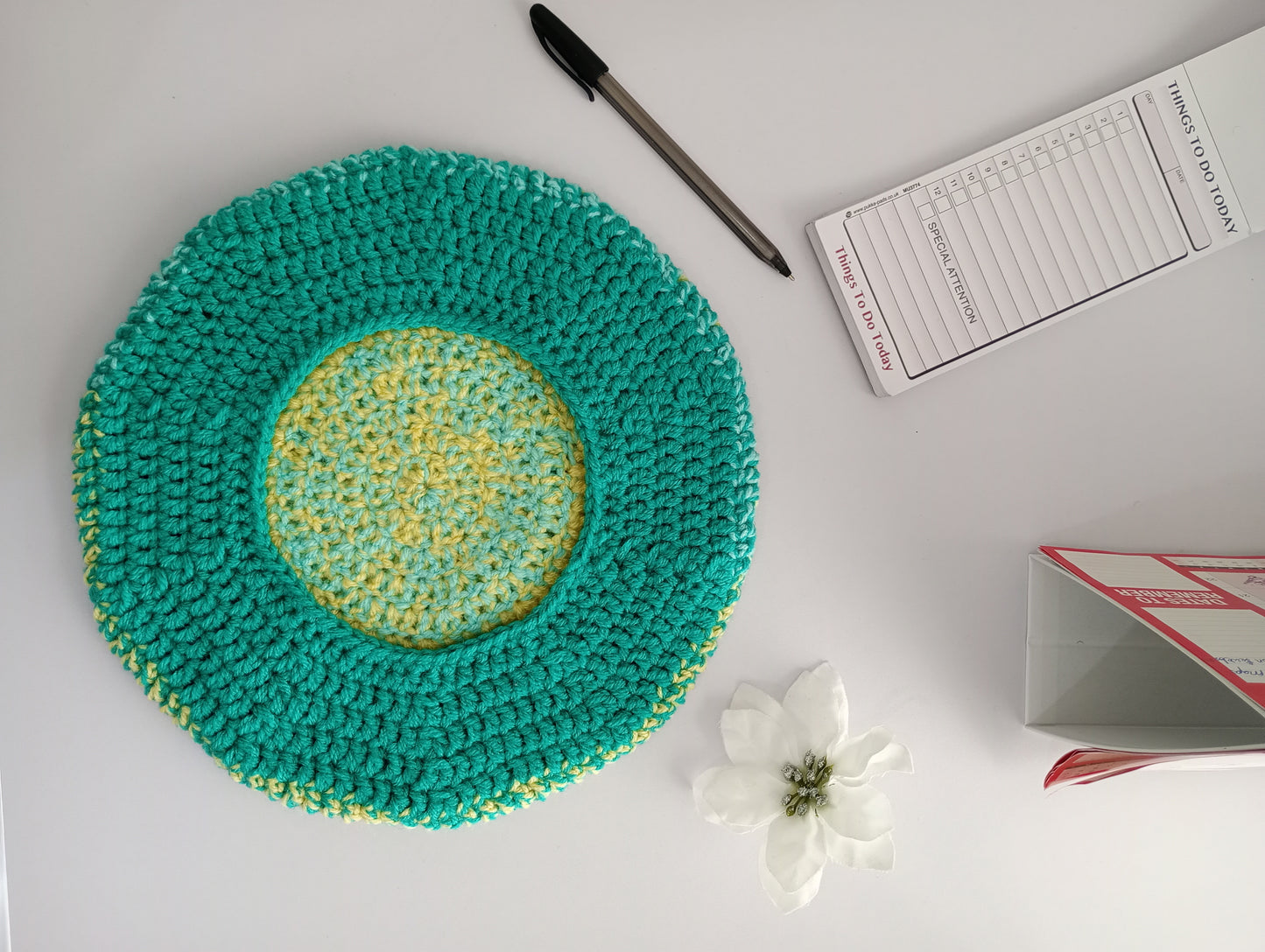 Yellow and Mint Green Crochet Beret.
