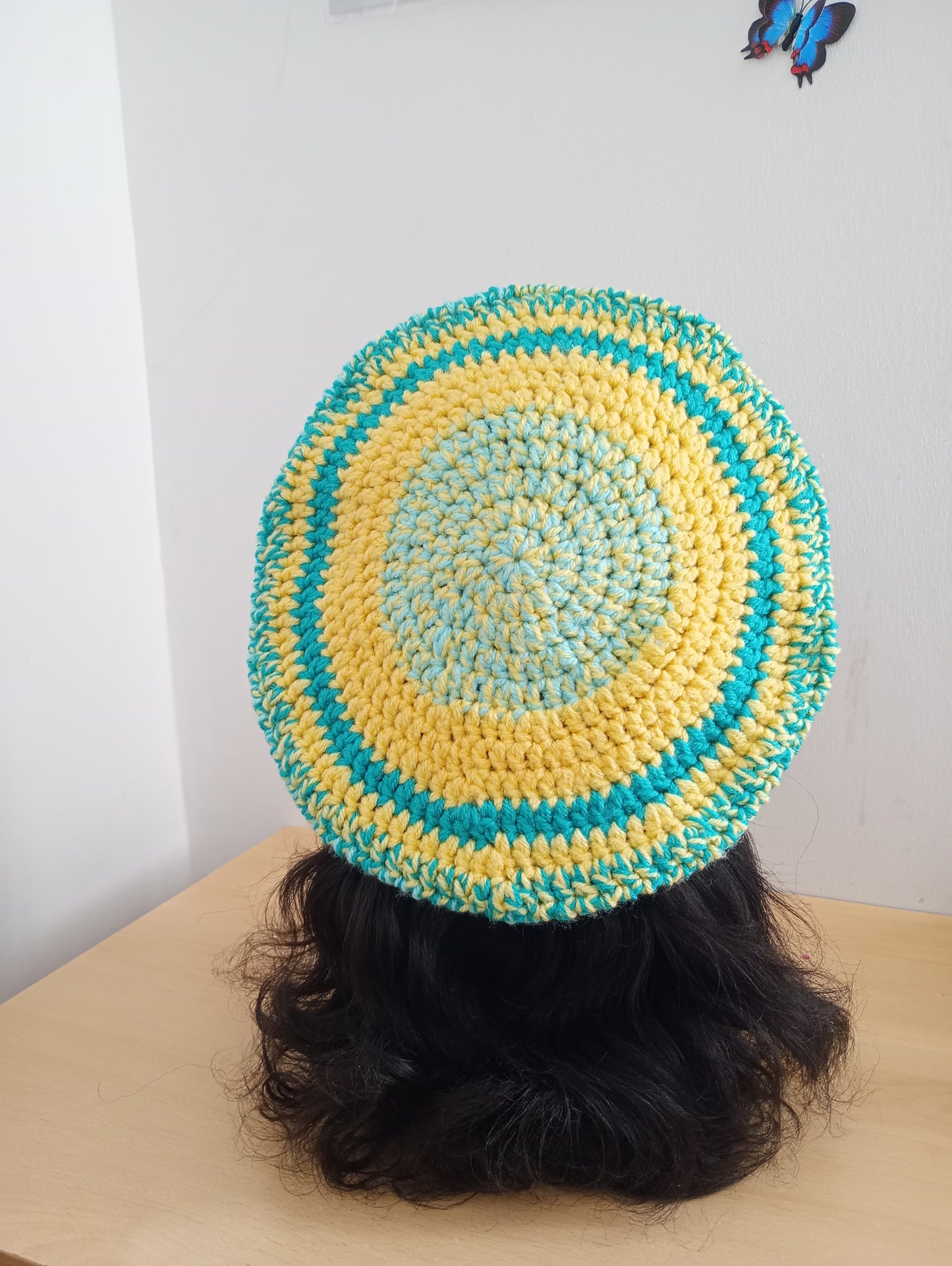 Yellow and Mint Green Crochet Beret.