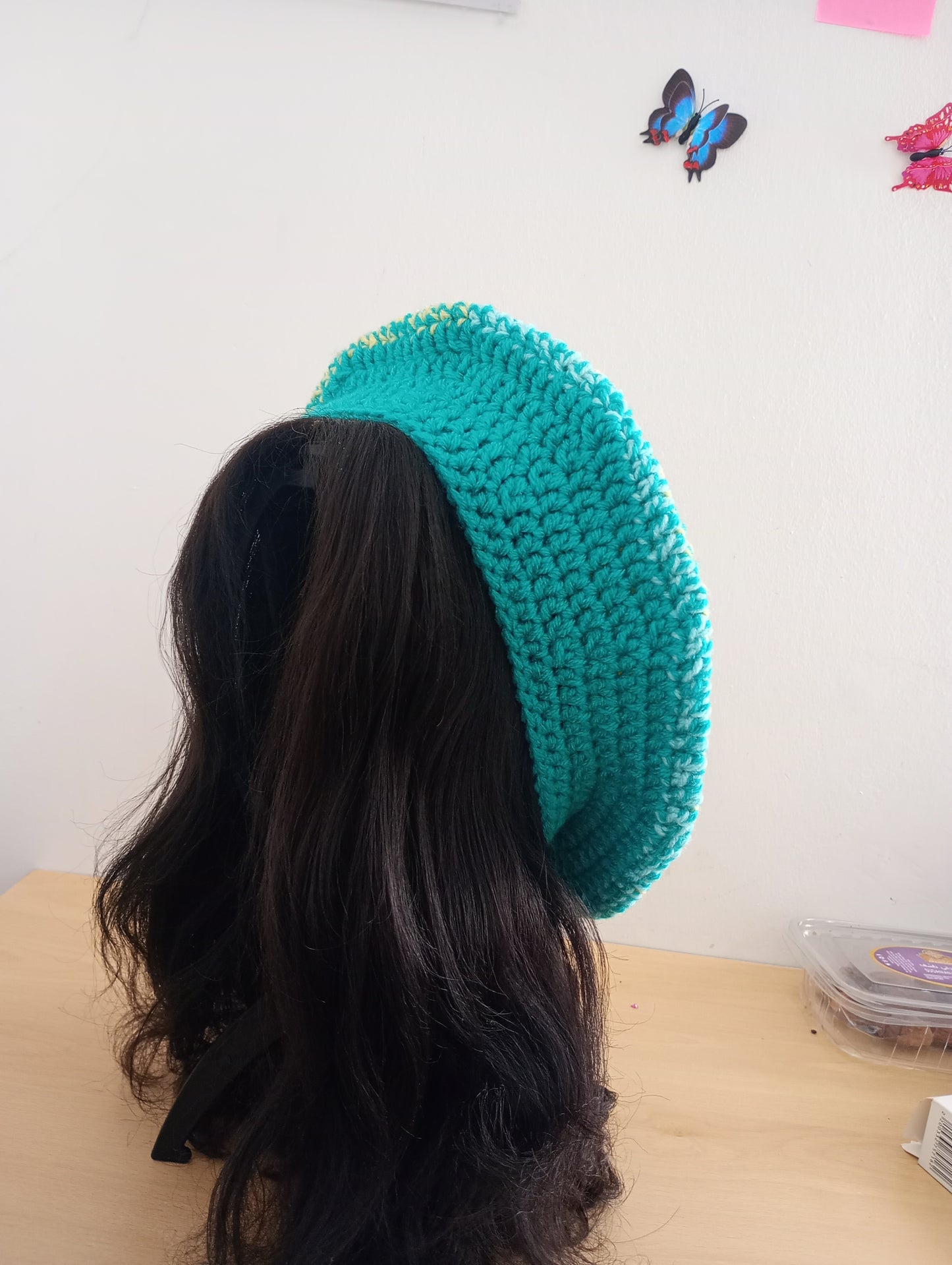Yellow and Mint Green Crochet Beret.