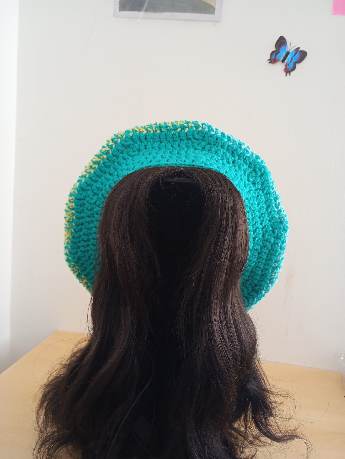 Yellow and Mint Green Crochet Beret.