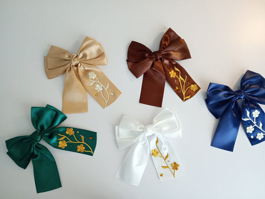 Satin Bow clip, with Floral embroidery.