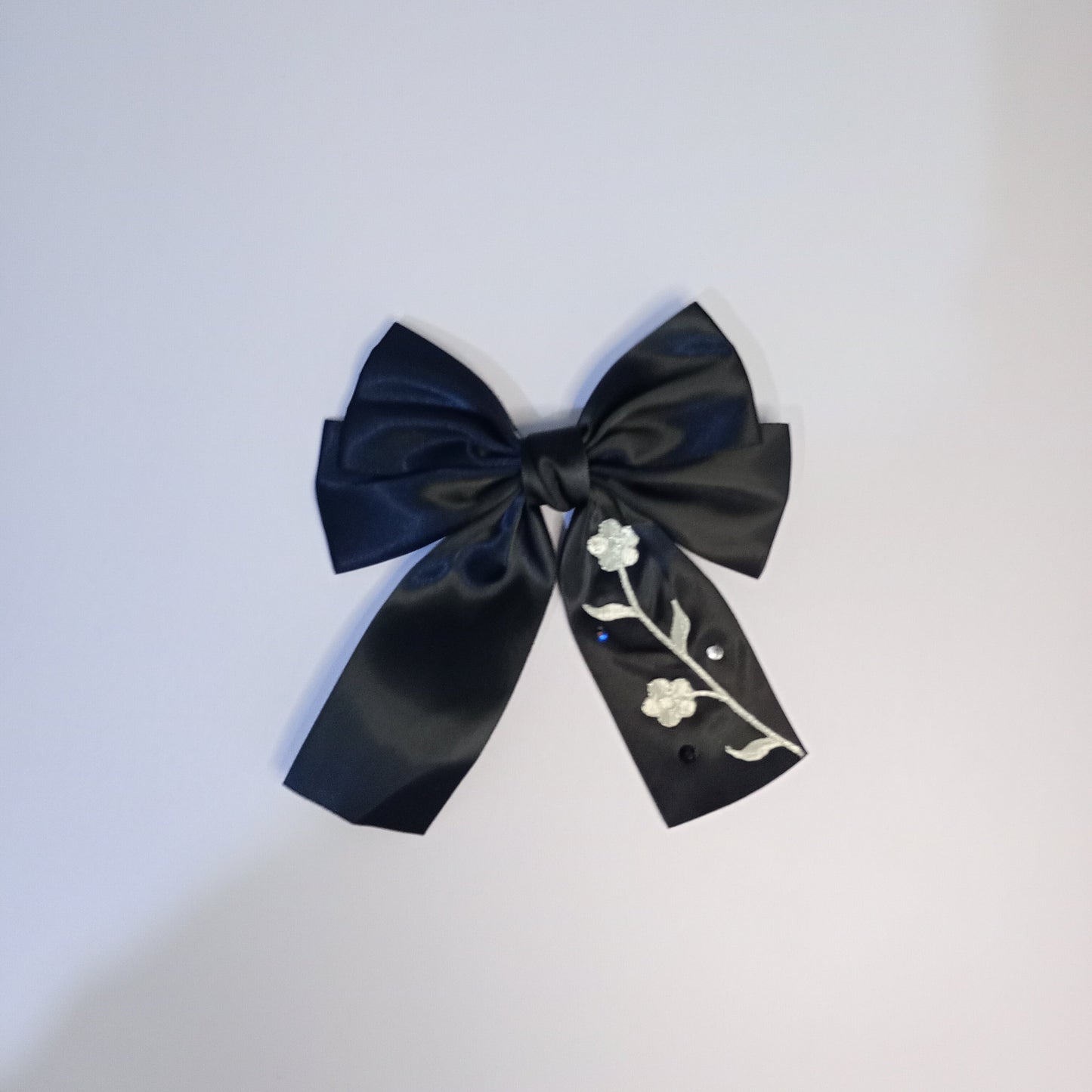 Satin Bow clip, with Floral embroidery