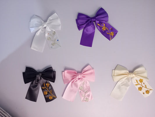 Satin Bow clip, with Floral embroidery