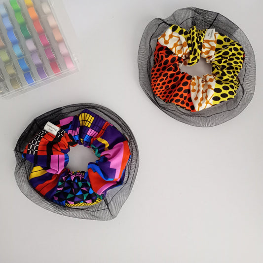 Two Colorful Ankara scrunchy with black mesh round about 